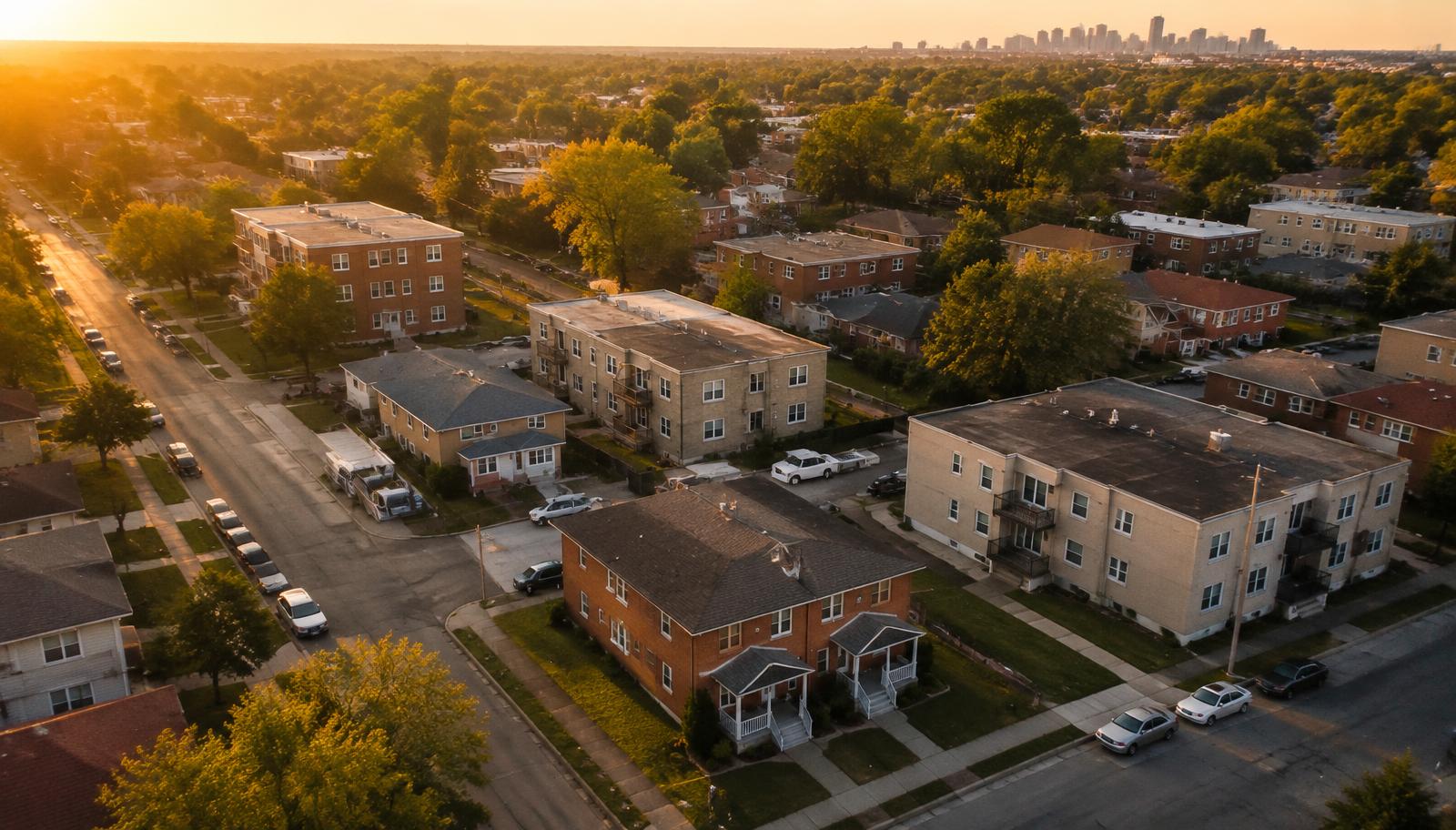 Neighborhood of rental duplexes and small apartment buildings at sunset